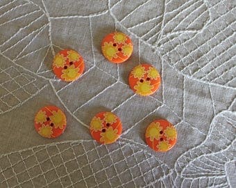 6 buttons orange plastic with yellow flowers