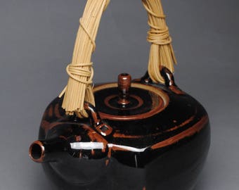 Clay Teapot Black Temmoku with Handmade Cane Handle G90