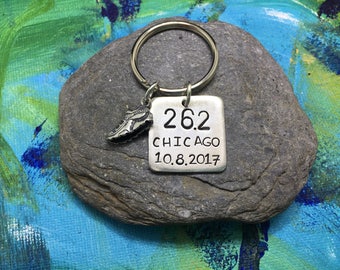 26.2 Chicago Marathon Handstamped Keychain with 3-dimensional running shoe charm - can be personalized for ANY Race