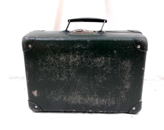 Small Vintage Green Suitcase from France Made of Strong Cardboard with Metal Parts, French Antique Child's Luggage, Retro Laptop Case