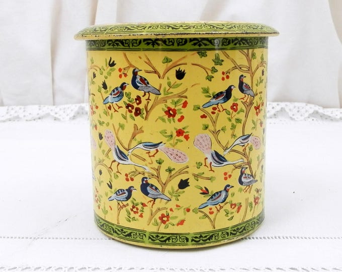 Vintage Yellow Persian Bird and Foliage Style Pattern Round Metal Tin, Retro Cookie Tin with Parrots and Peacock Motif on Yellow with Green