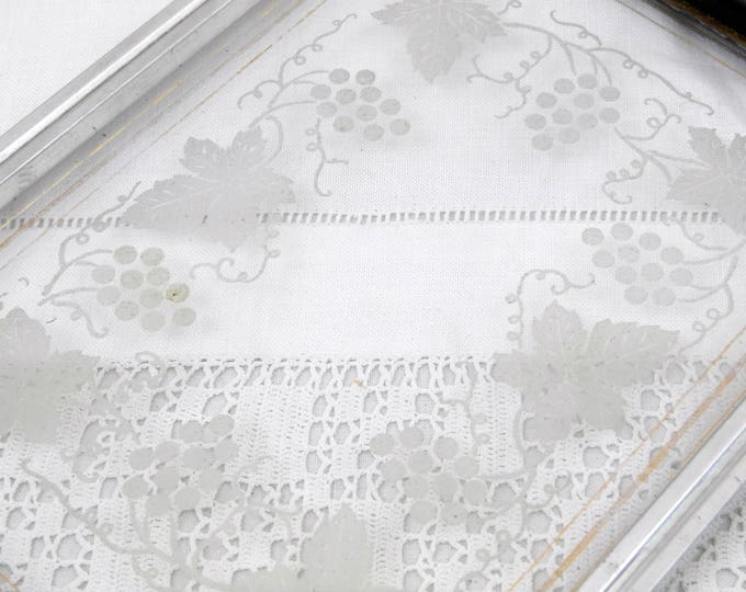 Antique Art Deco Glass Tray with Wooden Handles Gilt Banding and Decorated Vine Leaves and Grape Pattern, Retro Vanity Boudoir Accessory Antique Art Deco Glass Tray with Wooden Handles Gilt Banding and Decorated Vine Leaves and Grape Pattern, Retro Vanity Boudoir Accessory