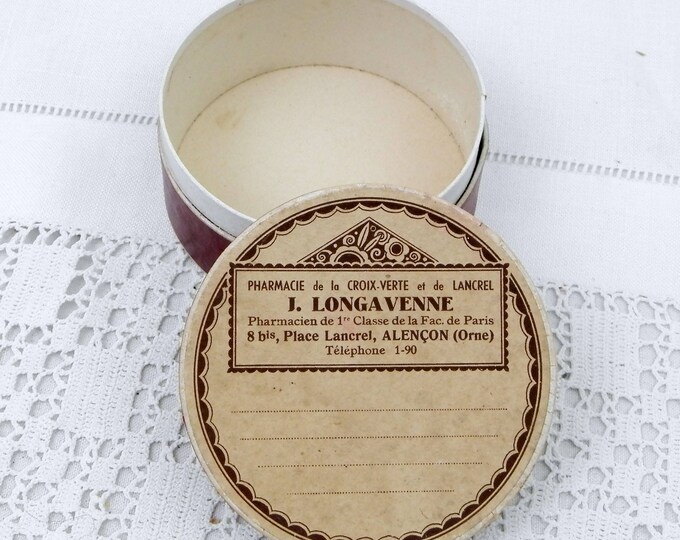 Vintage Apothecary Pharmacist Round Box from Alencon in Normandy France with Art Deco Design Sepia and Maroon Colored Cardboard 1930s