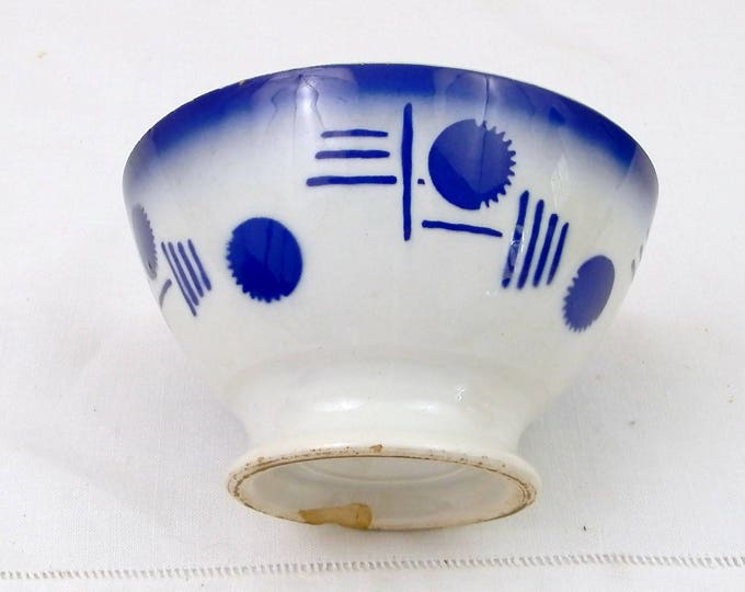 Antique Blue and White Art Deco Coffee Bowl from France, French Farmhouse Ceramic Café au Lait Bowl, Country Cottage Kitchen Latte Bowl