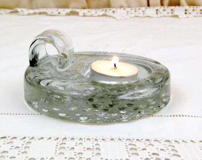 Vintage Solid Crystal Glass Mid Century Candle Holder, 1970s Chamberstick made of Thick Glass, Studio Glass Candle Stick for Night Light