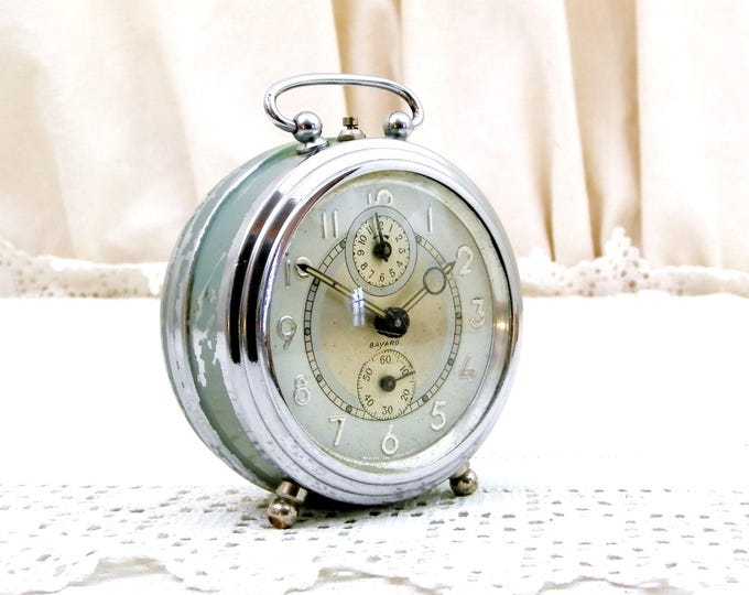 Vintage Working French Art Deco Mechanical Wind Up Bayard Alarm Clock Chrome and Mint Green Metal, Bedside Timepiece from France C 1940s
