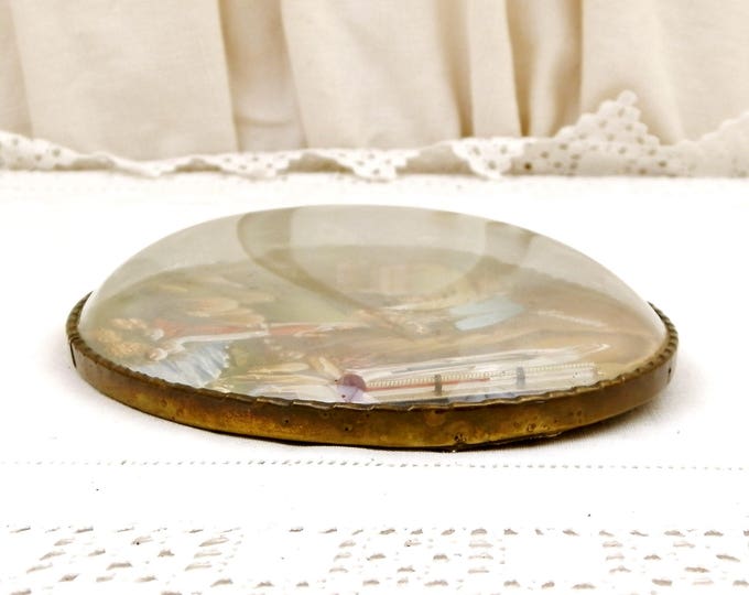 Vintage French Novelty Religious Thermometer with Picture of Bernadette Soubirous of Lourdes with Virgin Mary Apparition inside Domed Glass