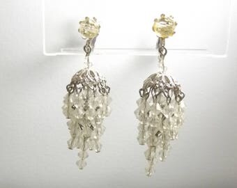Vintage Chandelier Clip On Earrings, 3 Silver Bell Caps with Cascading Clear Beads