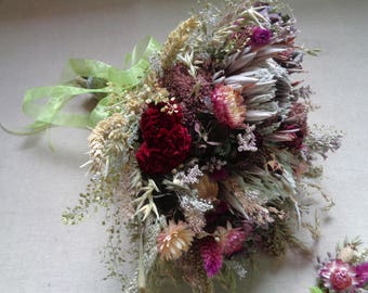 Woodland dried flower bridal wedding bouquet with protea peony roses and natural wildflowers rustic wedding bouquet with matching buttonhole