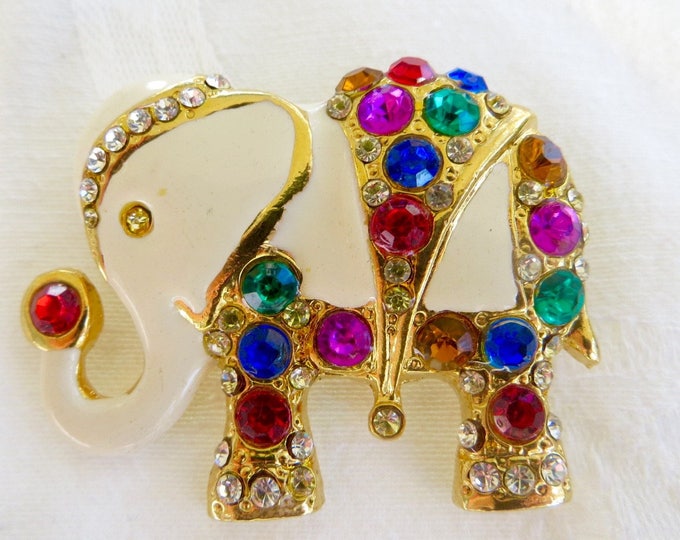 Vintage Elephant Brooch, Mughal Elephant Pin, Jeweled Enamel Elephant, Tusk Up, Elephant Jewelry