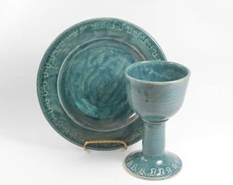 Pottery communion set - chalice and paten set - blue communion set - liturgical ware - communion ware W253