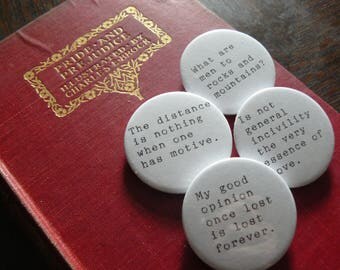 Pride and Prejudice - Jane Austen Pin Button Badges x 4 Quotes