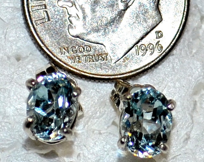 Aquamarine Studs, 7x5mm Oval, Natural, Set in Sterling Silver E1131