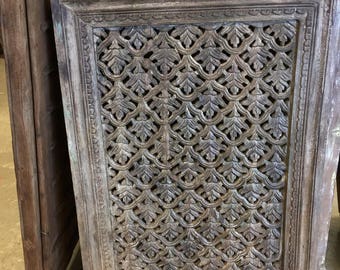 Antique Finish Floral Carved Window Jali Architectural Window Wall Sculpture Decor