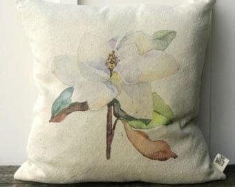 Famrhouse Pillow Cover, Watercolor Magnolia Grain sack Pillow Cover, Decorative Couch Pillow, Housewarming Gift, Wedding gift, Anniversary