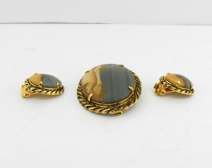 Vintage Agate Stone Brooch Earrings Set, Ladies Womens Stone 1960s Costume Jewelry, Oval Marbled Blue and Gray Stone Jewelry, Gift