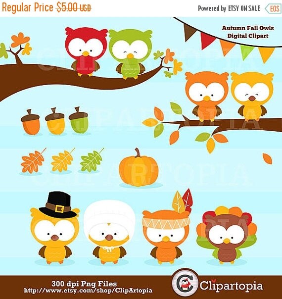 50% OFF SALE Autumn Fall Owls digital clipart / Thanksgiving Owl Clip art / Owls Clipart for personal and commercial use/ Instant download Il_570xn