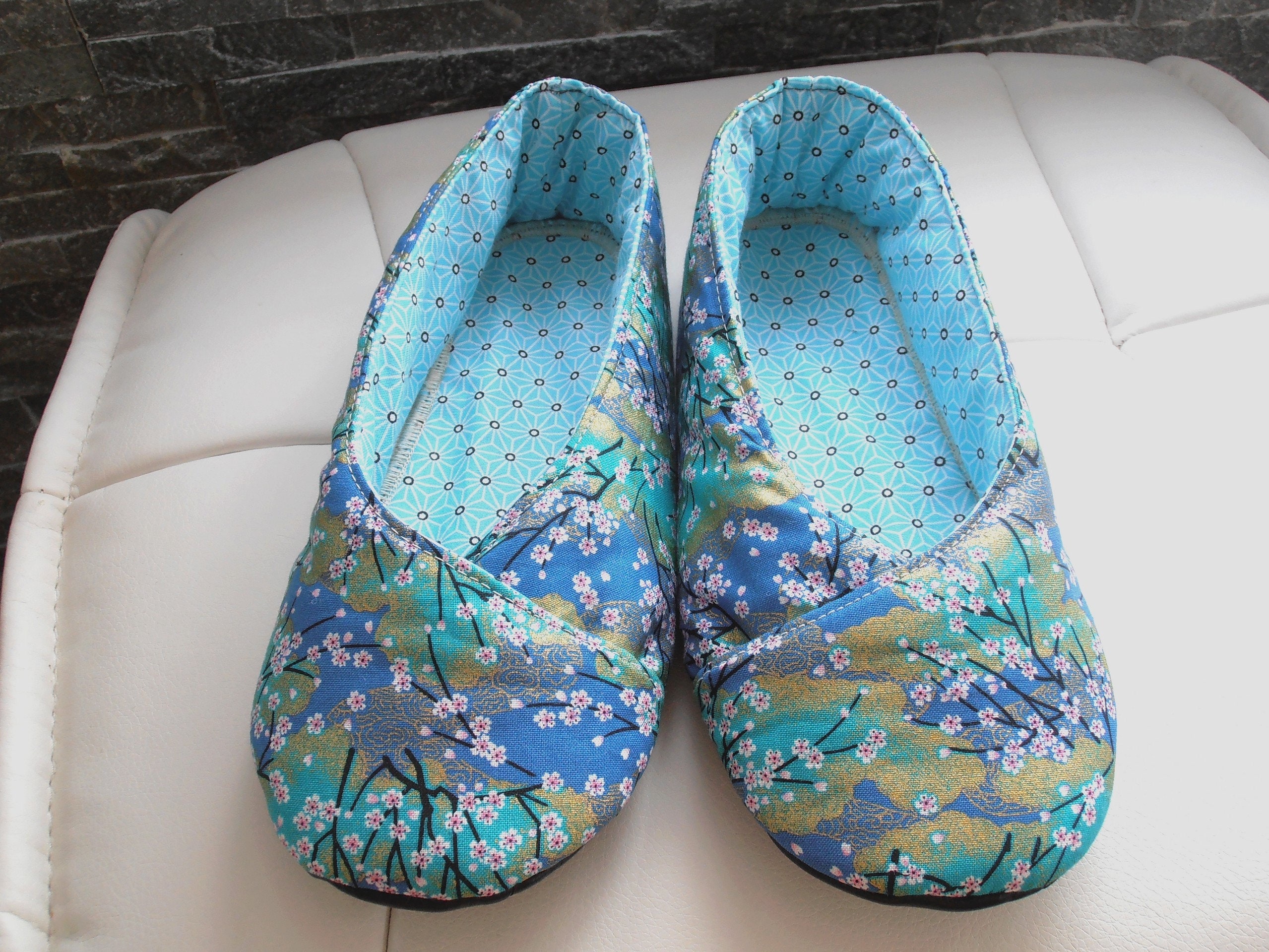 SLIPPERS women fabric Japanese KIMONO floral blue