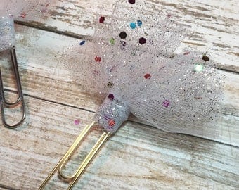 White Sequin Tulle Clip - Ribbon Planner Clips / Bookmarks