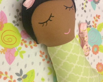 Swaddle baby doll, rag doll, doll, dolls, cloth doll, handmade doll, green, pink, floral, brown hair, African american doll, gift for girl