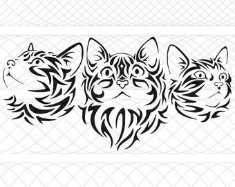Tribal Cat Trio Bundle SVG, PNG, and STUDIO3 Cut Files for Silhouette Cameo/Portrait and Cricut Explore DIY Craft Cutters