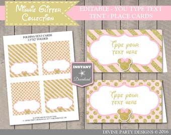 INSTANT DOWNLOAD Editable Pink & Gold Glitter Mouse Printable Tent Cards / Place Cards / You Type / Glitter Mouse Collection / Item #2028