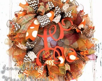 Fall Wreath, Autumn Decor, Jute Mesh Wreath, Burgundy, Burnt Orange, Brown, Painted Monogram Letter
