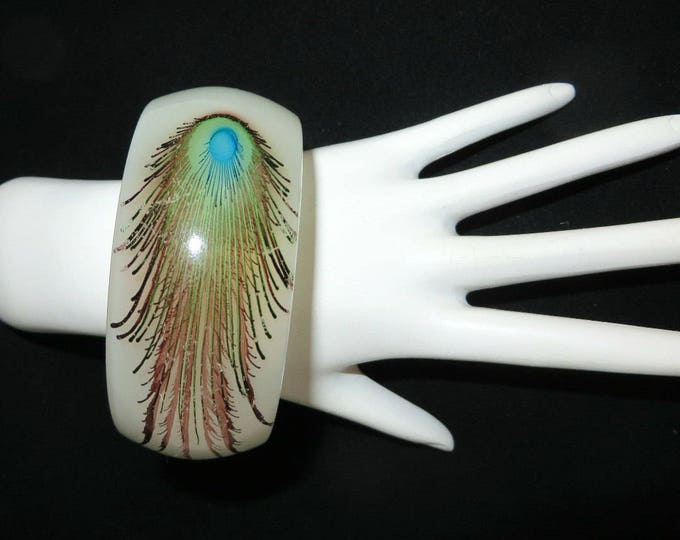 White Lucite Bracelet - Vintage Lucite Bangle, Peacock Feather Bracelet, Chunky Bangle