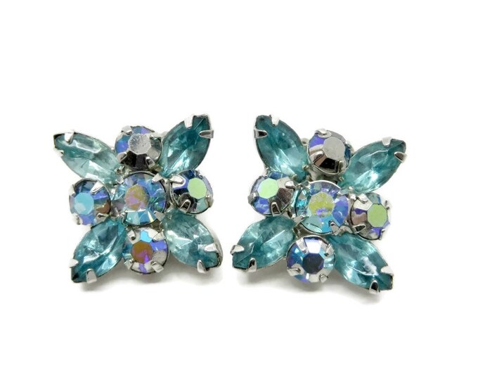 Weiss Sea Green AB Rhinestone Earrings, Vintage Rhinestone Silver Tone Clip-ons