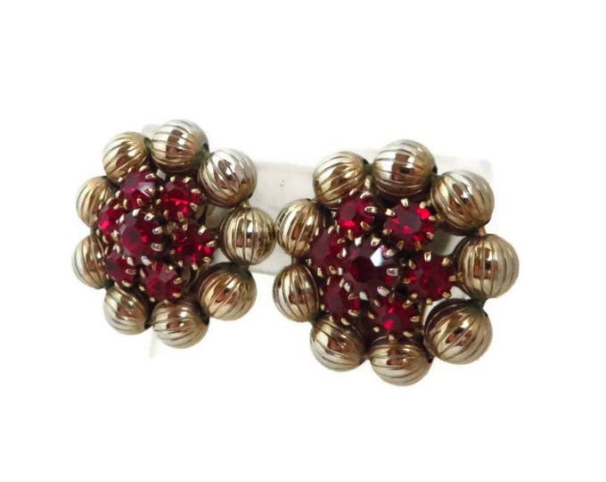 Rhinestone Earrings, Ruby Red Earrings, Weiss Earrings, Vintage Gold Tone Flower Signed Designer Clip-on Earrings Rhinestone Earrings, Ruby Red Earrings, Weiss Earrings, Vintage Gold Tone Flower Signed Designer Clip-on Earrings