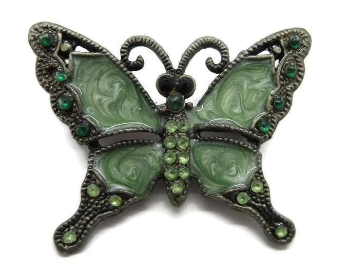 Green Butterfly Brooch, Vintage Green Swirl, Rhinestone, Silver Tone Butterfly Pin