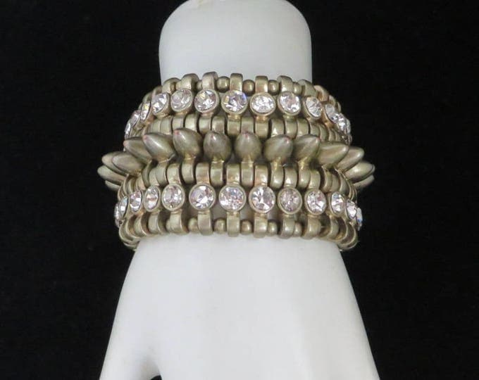 Gold Tone Stud Bracelet, Vintage Rhinestone Stretch Bracelet, Wide Heavy Metal Bracelet