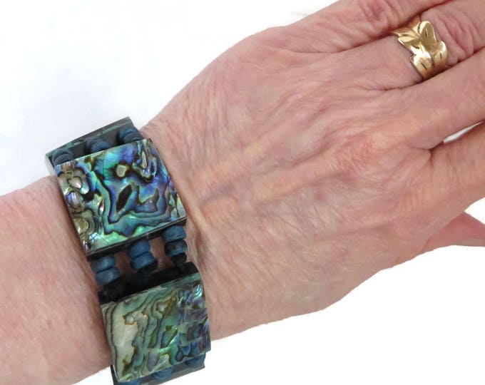 Shell Bracelet, Vintage Abalone Shell Inlay Bracelet, Beaded Panel Bracelet