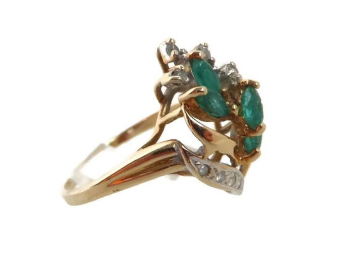 Emerald - 14K Gold Emerald & Diamond Ring, Vintage Estate Cocktail Ring, Size 5, FREE SHIPPING