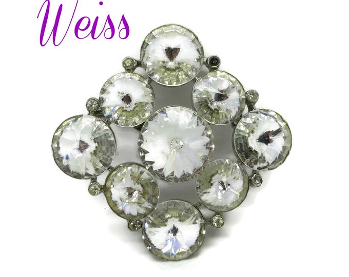 Weiss Clear Rhinestone Brooch | Vintage Diamond Shaped Signed Designer Pin | Bridal Jewelry