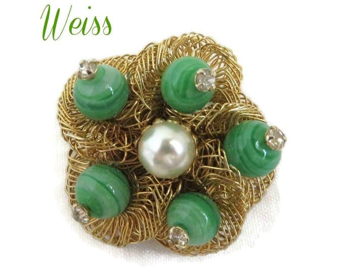 Weiss Bird's Nest Brooch, Vintage Art Glass, Gold Tone Pin, Faux Pearl Rhinestone Pin, Signed Designer Jewelry