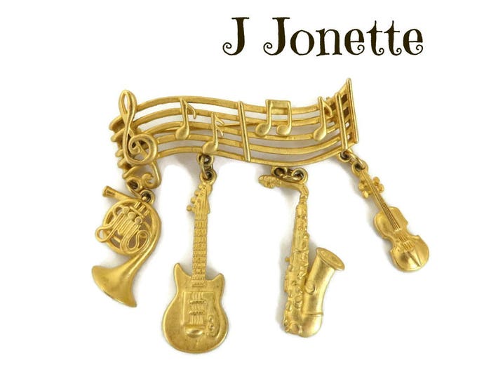 JJ Musical Bar Brooch, Vintage Gold Tone Musical Bar Dangling Charms Pin, Gift for Her