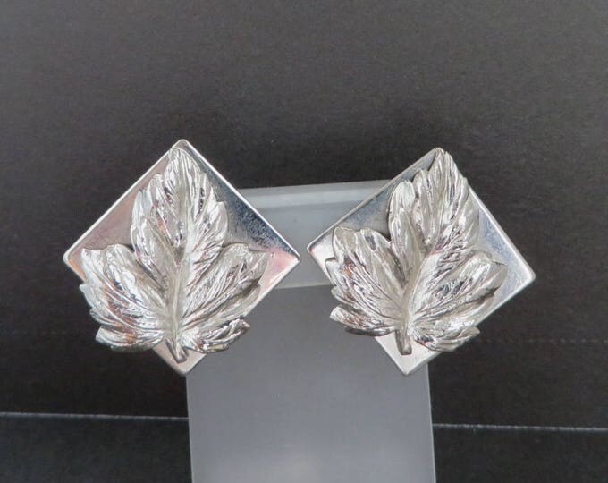Leaf Earrings, Square Leaf Earrings, Signed LERU Silver Tone Earrings, Clip-on Earrings, Gift for Her