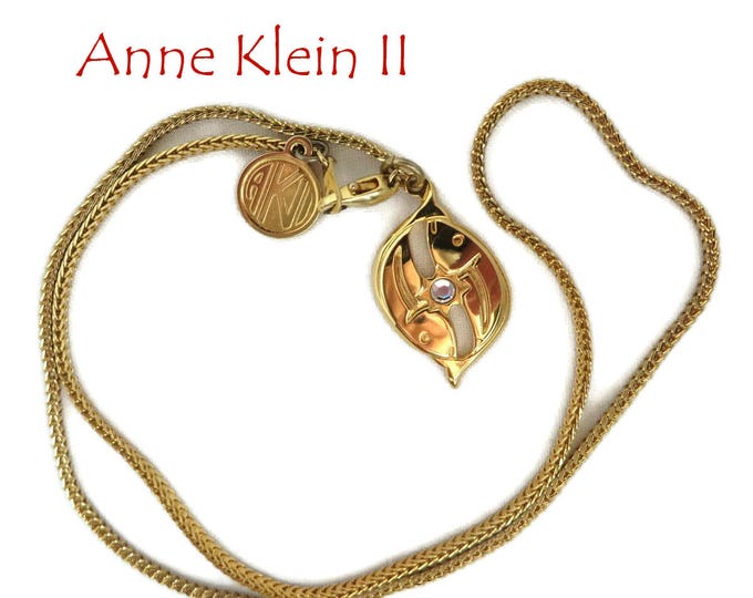 Pendant Necklace, Vintage Pisces Pendant Necklace, Signed Anne Klein II, Faux Diamond Gold Tone Cobra Chain Necklace, Gift idea