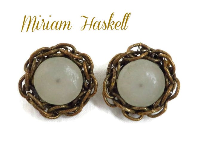 Vintage Miriam Haskell Button Earrings, Mid-Century Designer Braided Brass and Glass Button Clip-ons