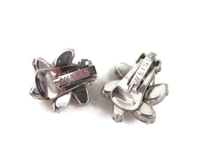 Weiss Pink Glass Earrings - Vintage Pinwheel Flower Silver Tone Clip-on Designer Signed Earrings