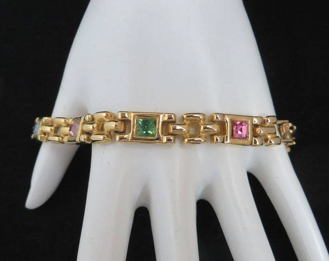 Vintage Gold Tone Rhinestone Bracelet - Chunky Chain Link - Pastel Stone Bracelet - Classic 80s Jewelry