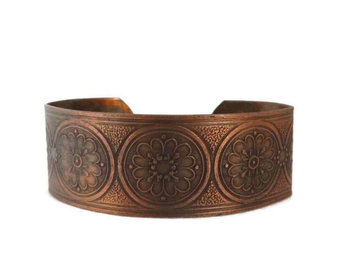 Vintage Solid Copper Cuff, 1970s Flower Design Bracelet