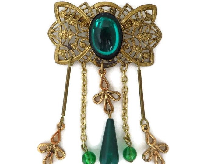 Dangling Bead Pin, Vintage Gold & Green Dangling Bead Brooch, Mid-Century Gold Tone Filigree Pin