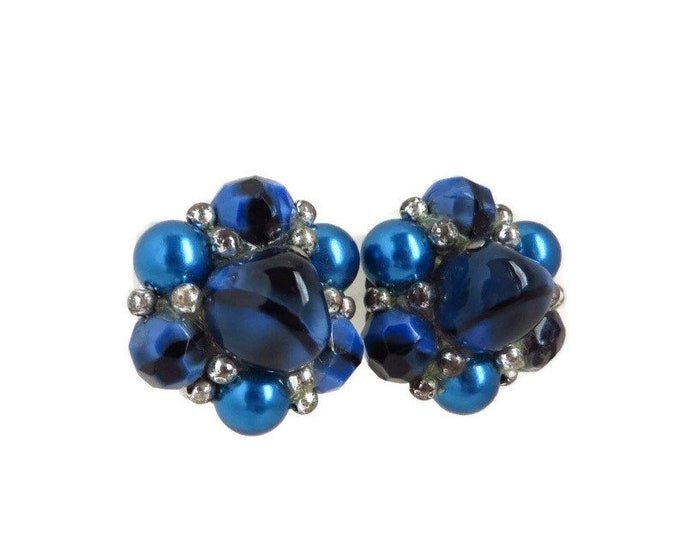 Trifari Blue Cluster Bead Earrings, Vintage Silver Tone Blue & Silver Bead Clip-ons