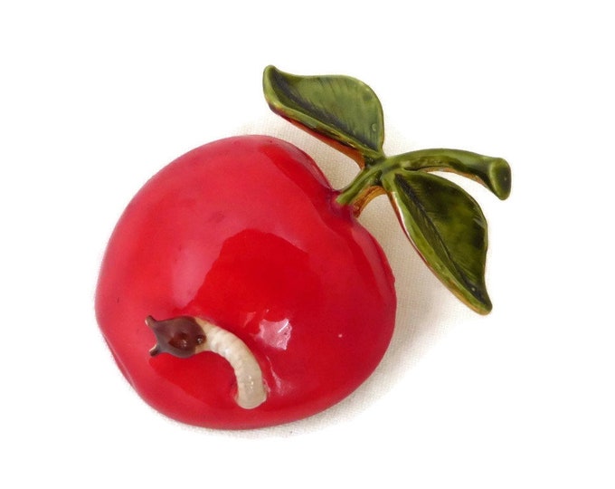 Red Apple Brooch, Vintage Apple Pin, Hattie Carnegie Vintage Jewelry, Red Fruit Brooch with Worm, Vintage Gold Tone Signed Designer Pin
