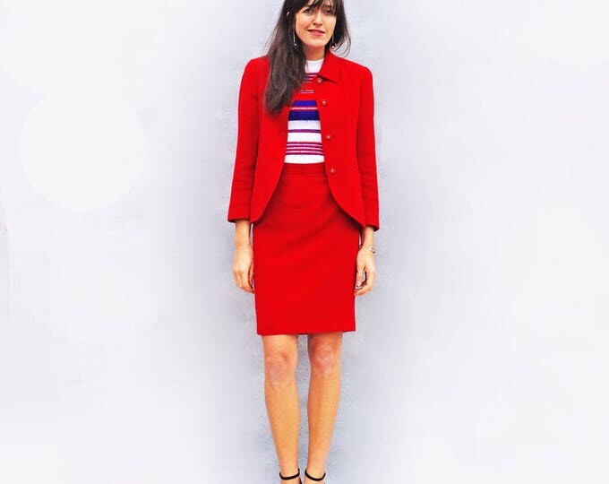 Red Skirt Suit, Louis Feraud Suit, Skirt Suit, Red Suit, Vintage Skirt Suit, Wool Skirt Set, Red Jacket, Pencil Skirt, 1980s Skirt Suit, Red