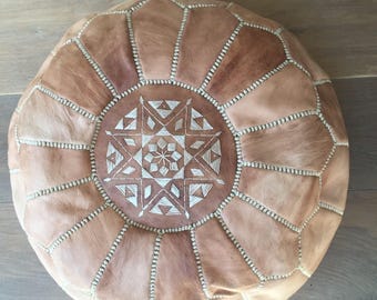 Tan Moroccan leather pouf from Marrakech