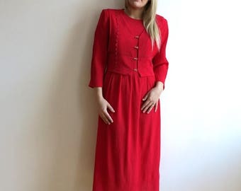 ON SALE Vintage 1980s Crimson Red Long Tie Up Dress Long Sleeve Pleated Skirt Hot red Dress Large Size