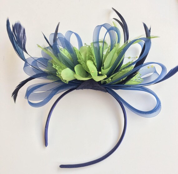 Navy Blue & Lime Green Feathers Fascinator On Headband
